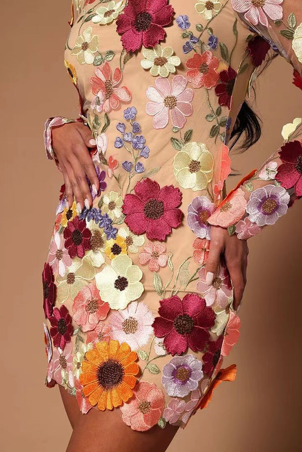 Floral Applique Long Sleeve Sheer Bodycon Mini Dress - View 7