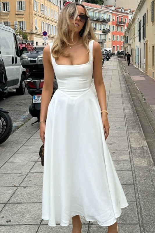 Square Neck Sleeveless Basque Waist A-Line Midi Cocktail Dress - View 3