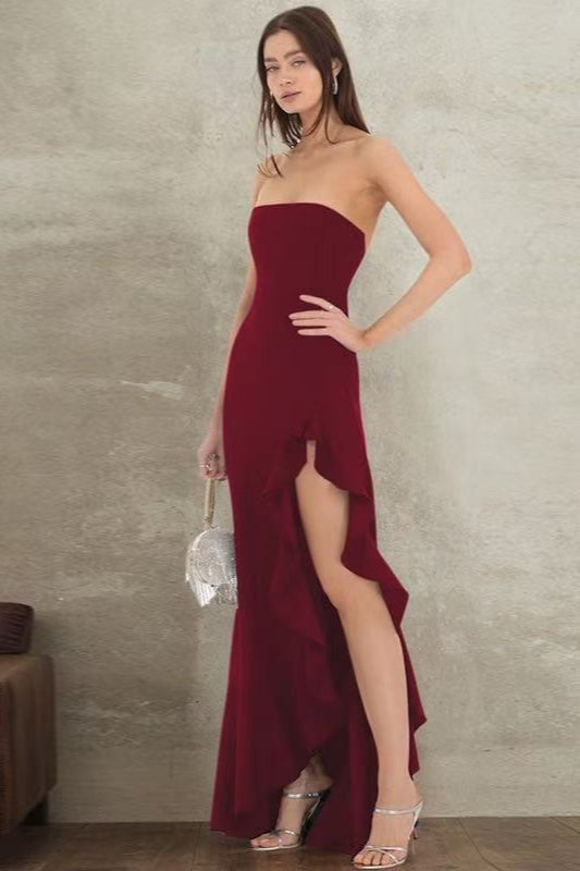 Strapless Ruffle High Slit High Low Maxi Dress - View 5