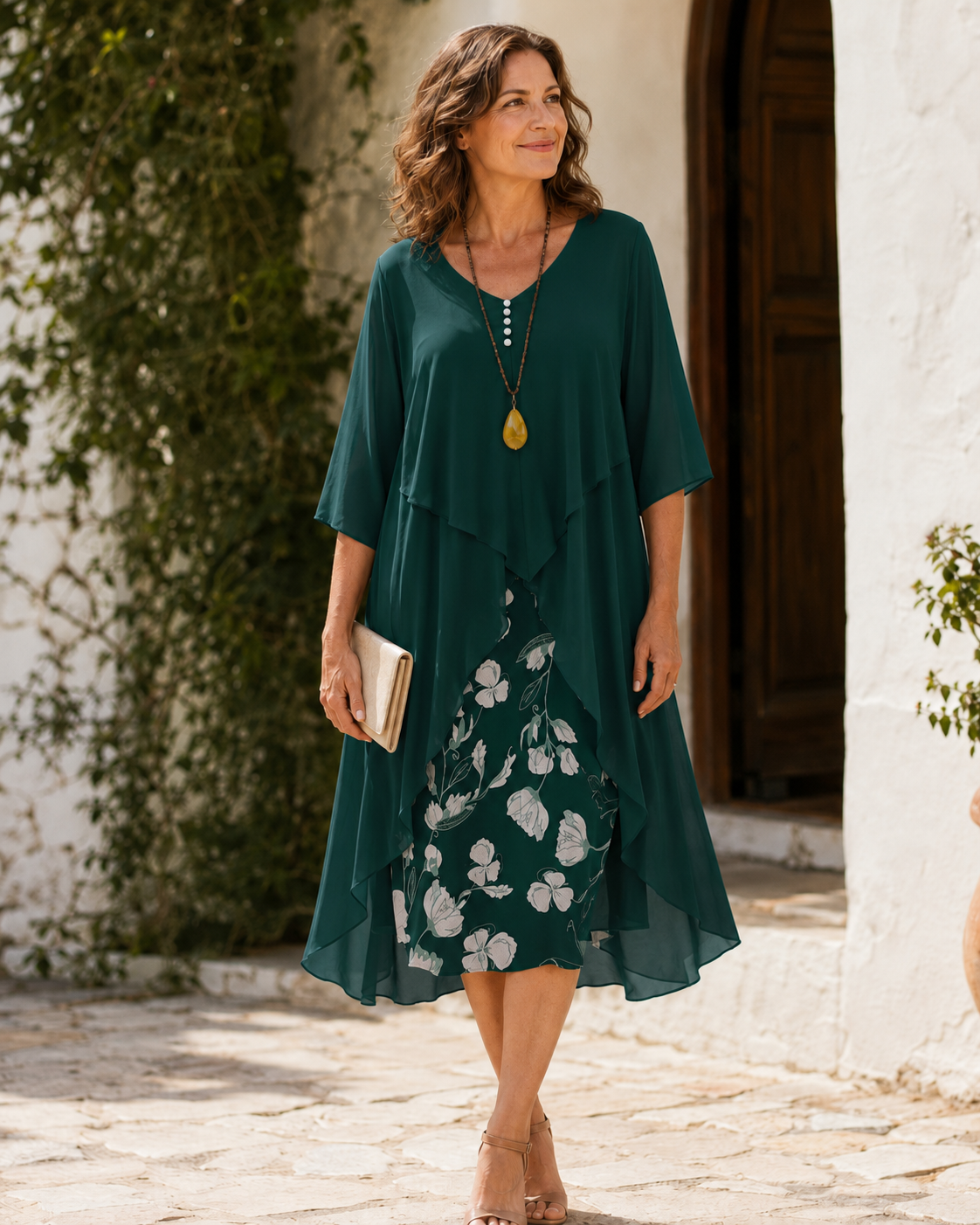 Floral Layered Ruffle V-Neck Half Sleeve Chiffon Midi Dress 5