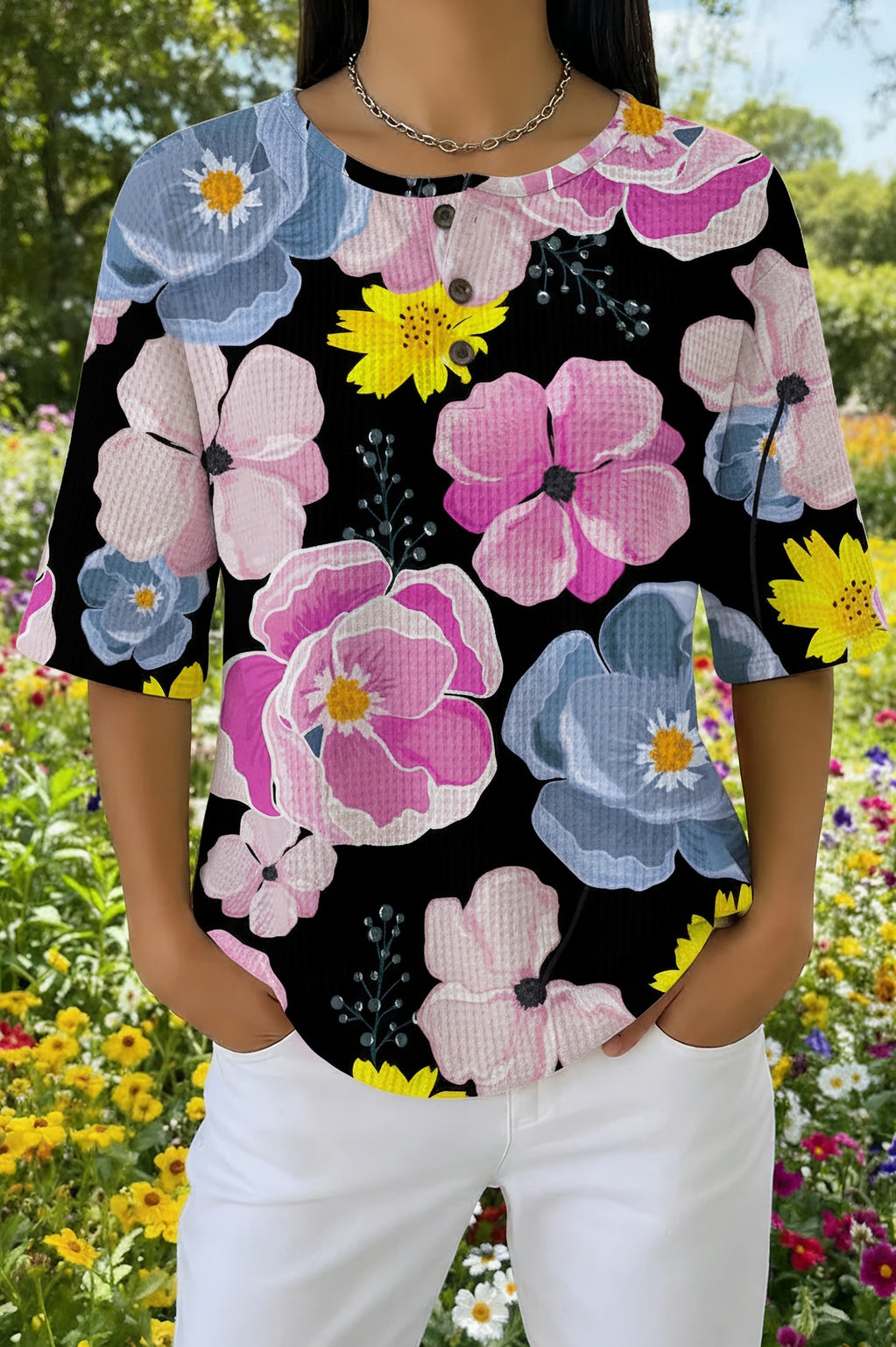 Floral Print Round Neck Short Sleeve Waffle Knit Top