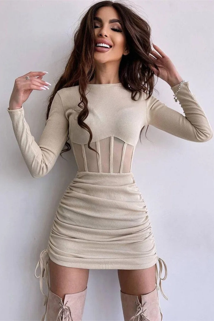Long Sleeve Mesh Corset Ruched Bodycon Mini Dress in White
