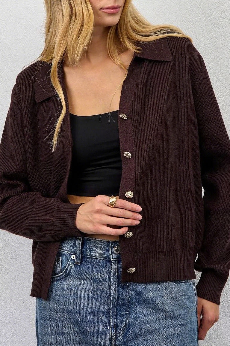 Solid V Neck Button Down Cardigan S / Brown