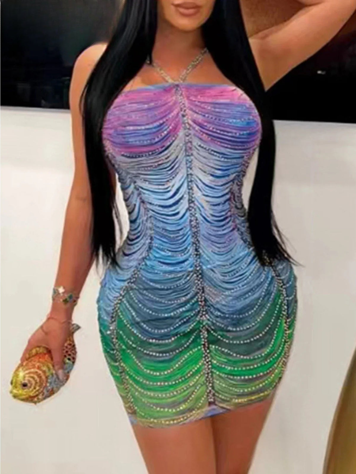 Halter Neck Rhinestone Fringe Bodycon Mini Dress - View 4