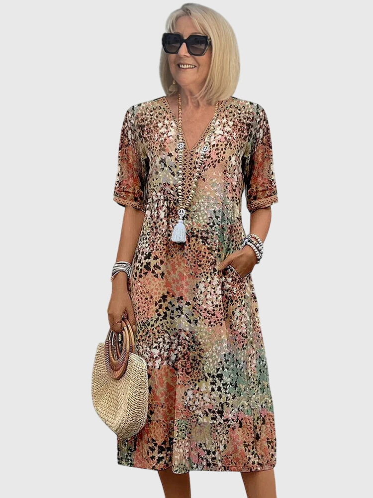 Abstract Print V-Neck Short Sleeve Midi Dress 2