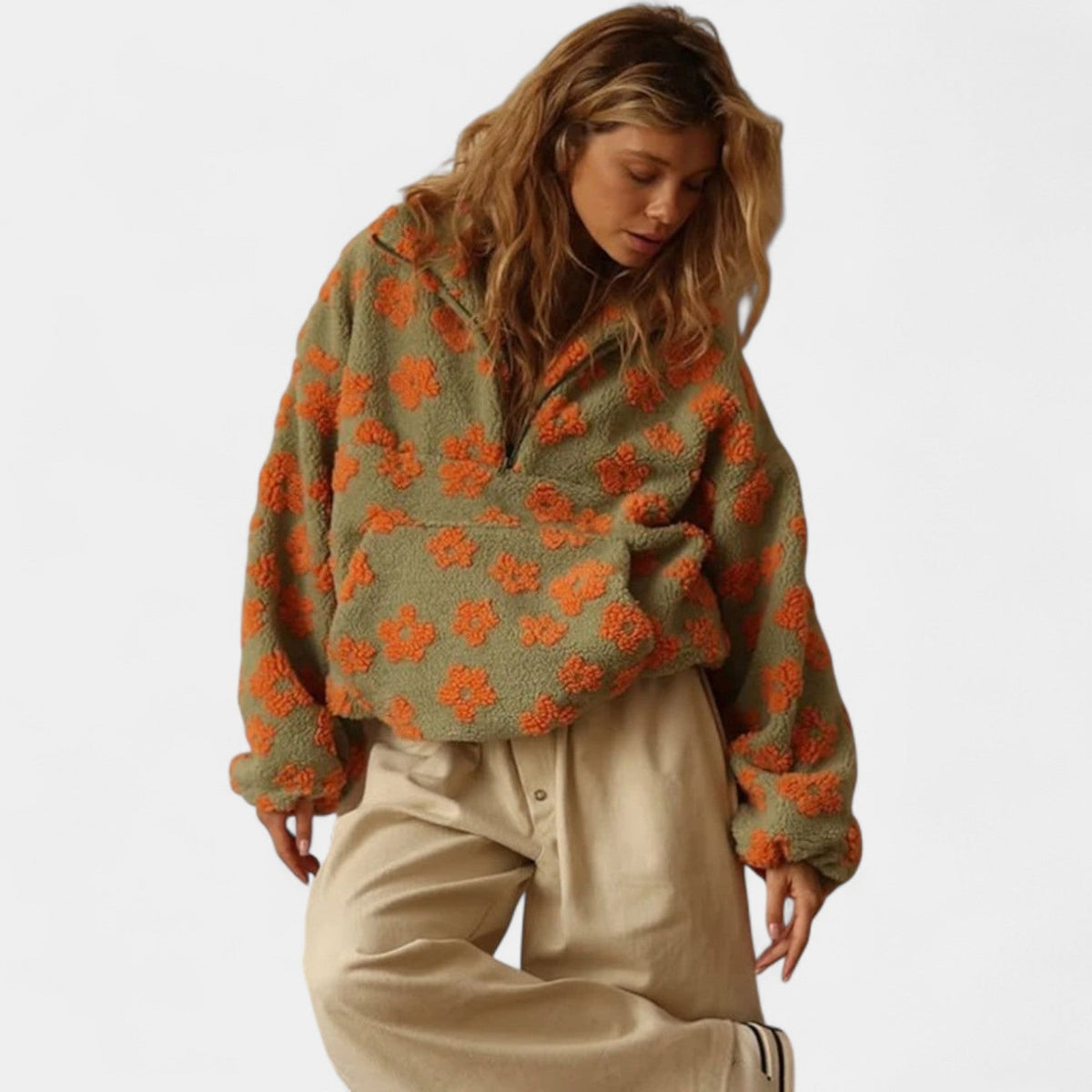 Floral Print Half Zip Collared Sherpa Fleece Pullover 5