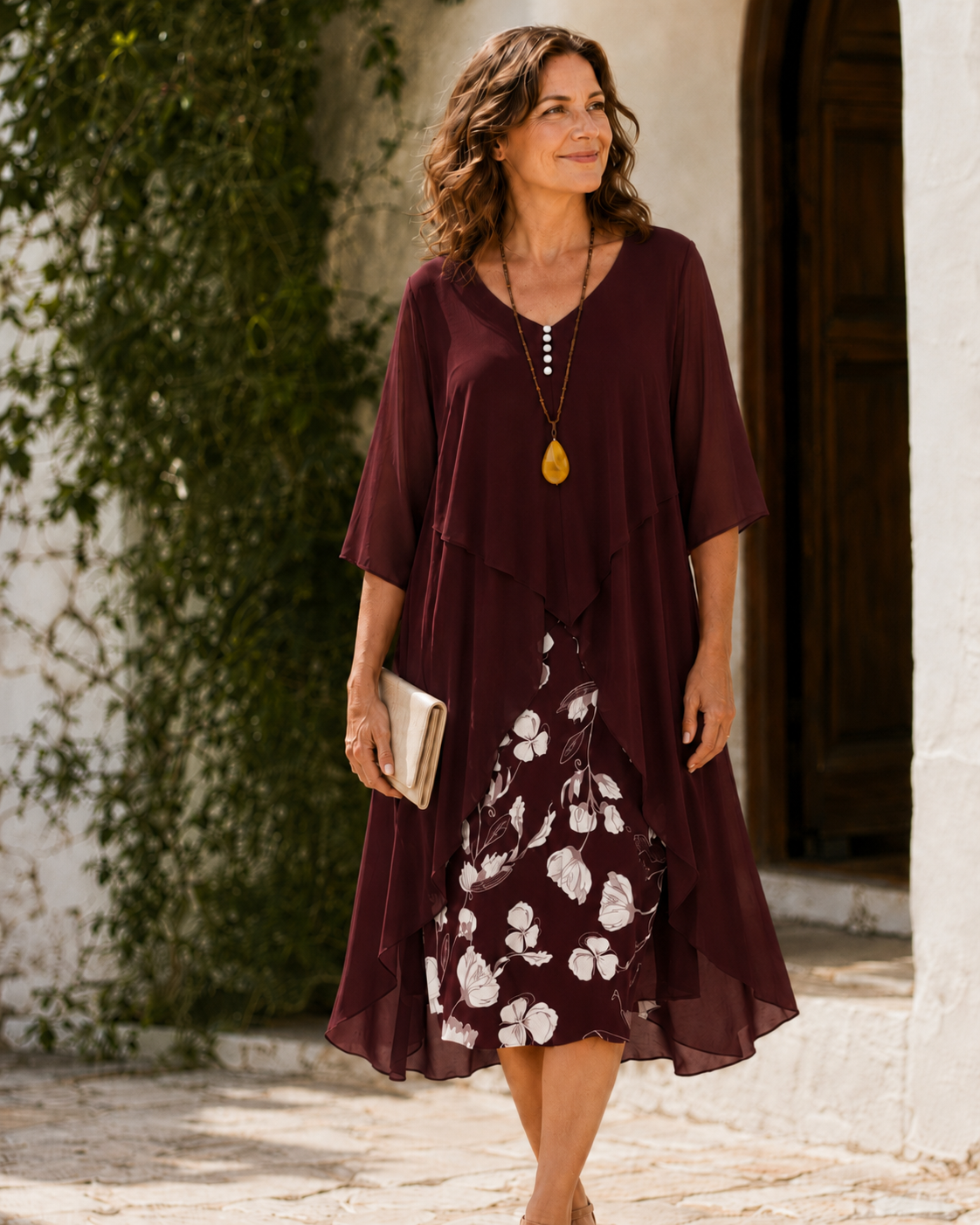 Floral Layered Ruffle V-Neck Half Sleeve Chiffon Midi Dress 3