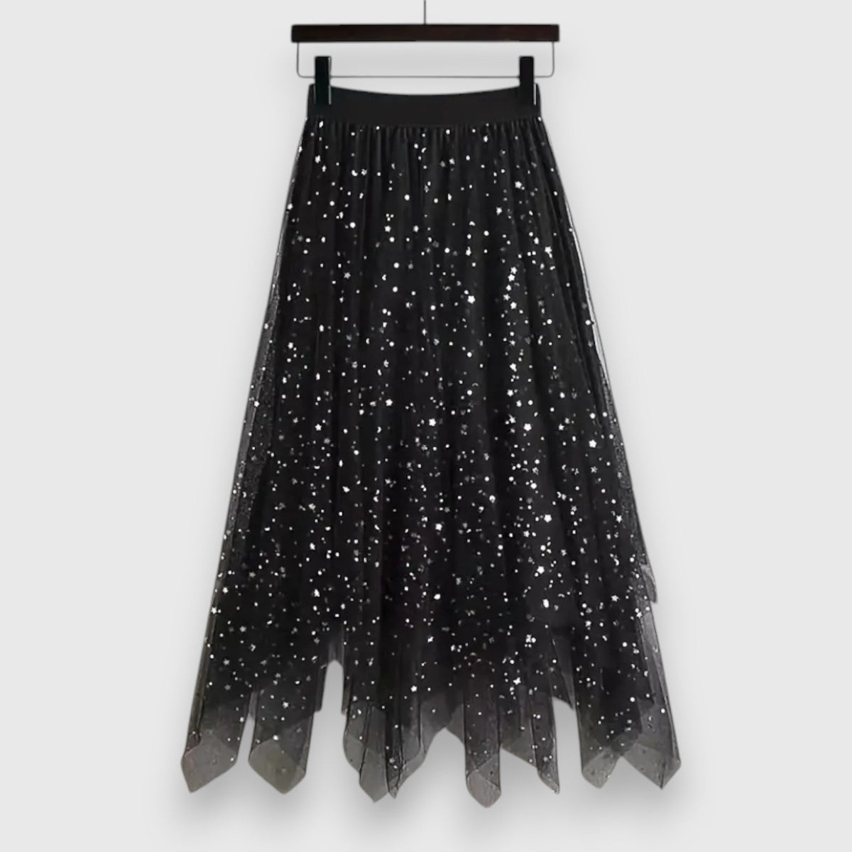 High Waist Star Sequin Handkerchief Hem Tulle Midi Skirt 3