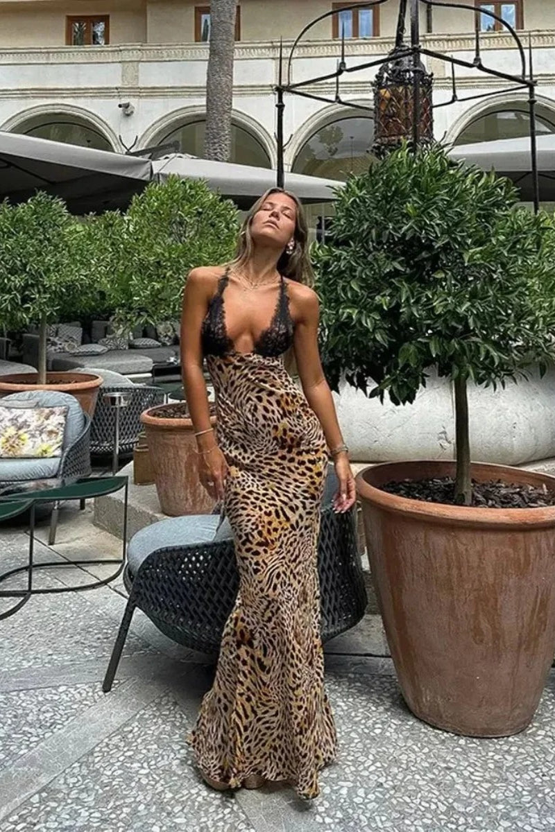 Leopard Print Lace Trimmed Maxi Dress in Leopard Print