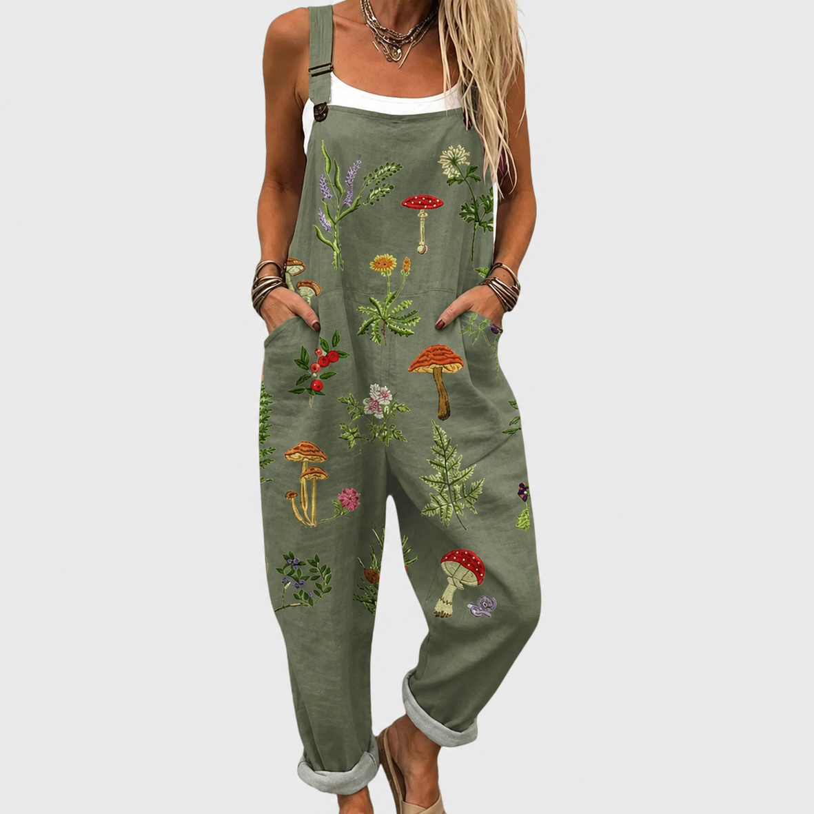Mushroom Botanical Print Adjustable Strap Wide Leg Overalls