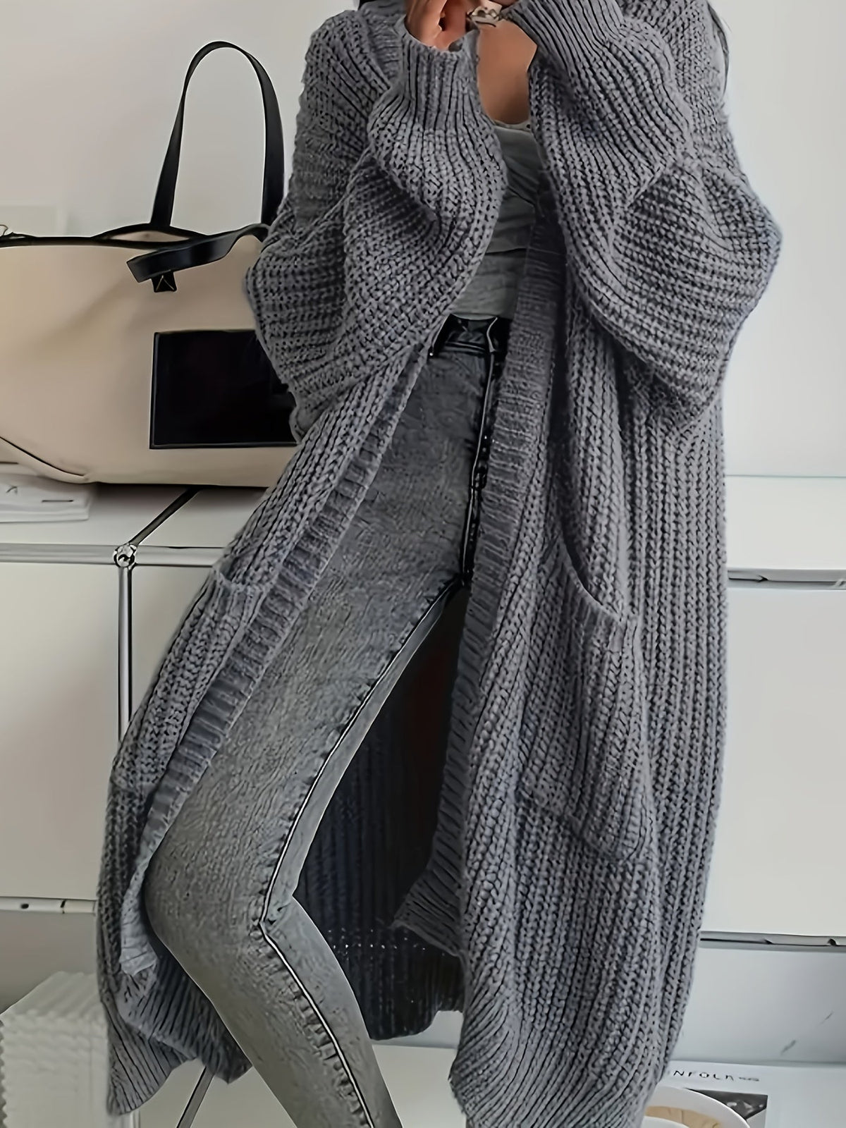 Waffle Knit Longline Open Front Cardigan 2