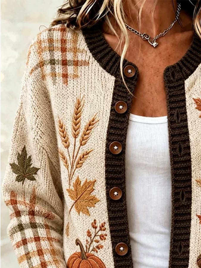 Autumn Leaf Pumpkin Embroidered Plaid Button Front Knit Cardigan 3