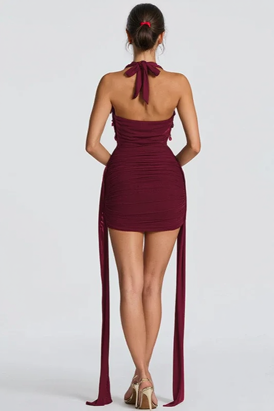 Deep V-Neck Halter Neck Beaded Ruched Bodycon Mini Dress - View 4