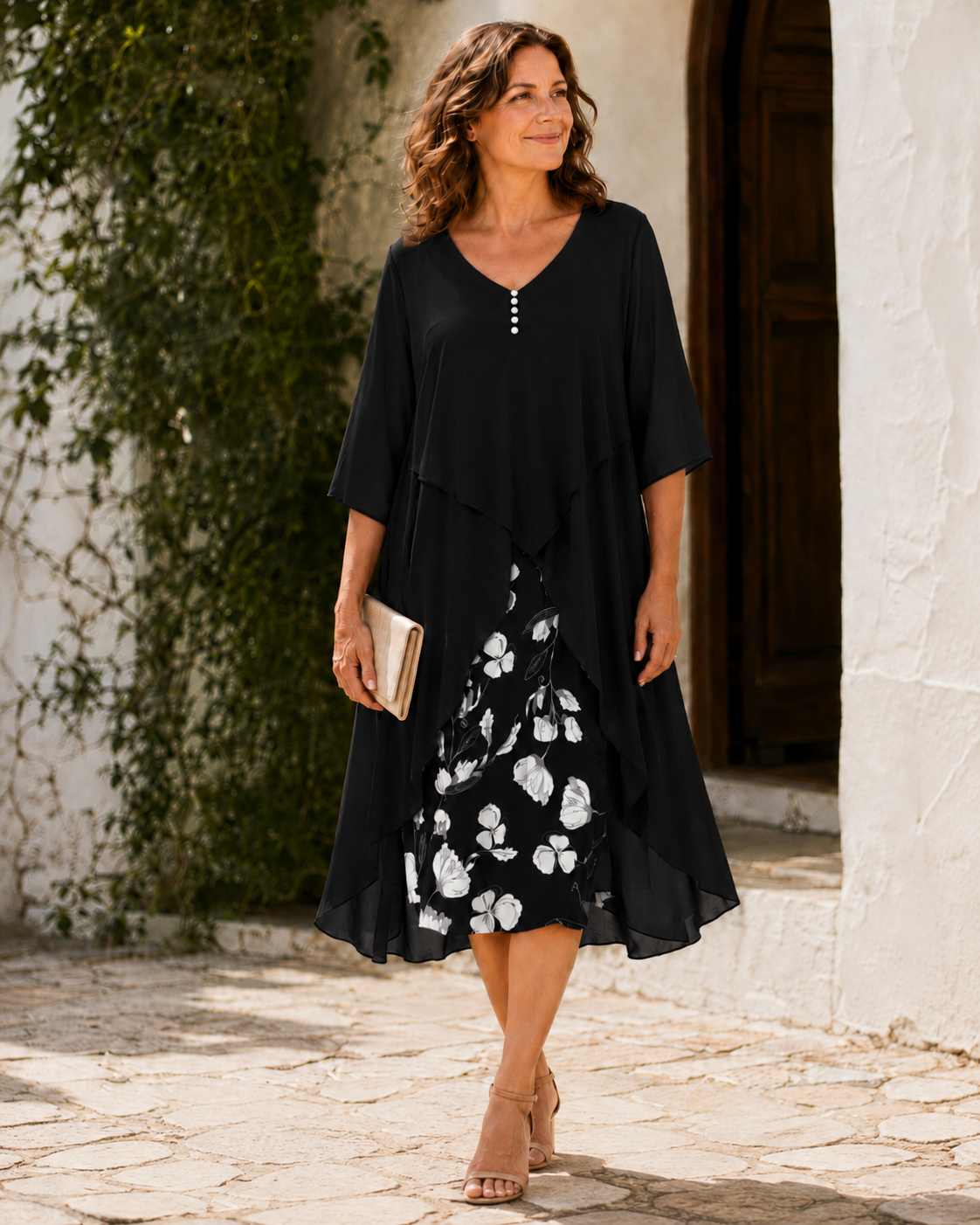 Floral Layered Ruffle V-Neck Half Sleeve Chiffon Midi Dress 7