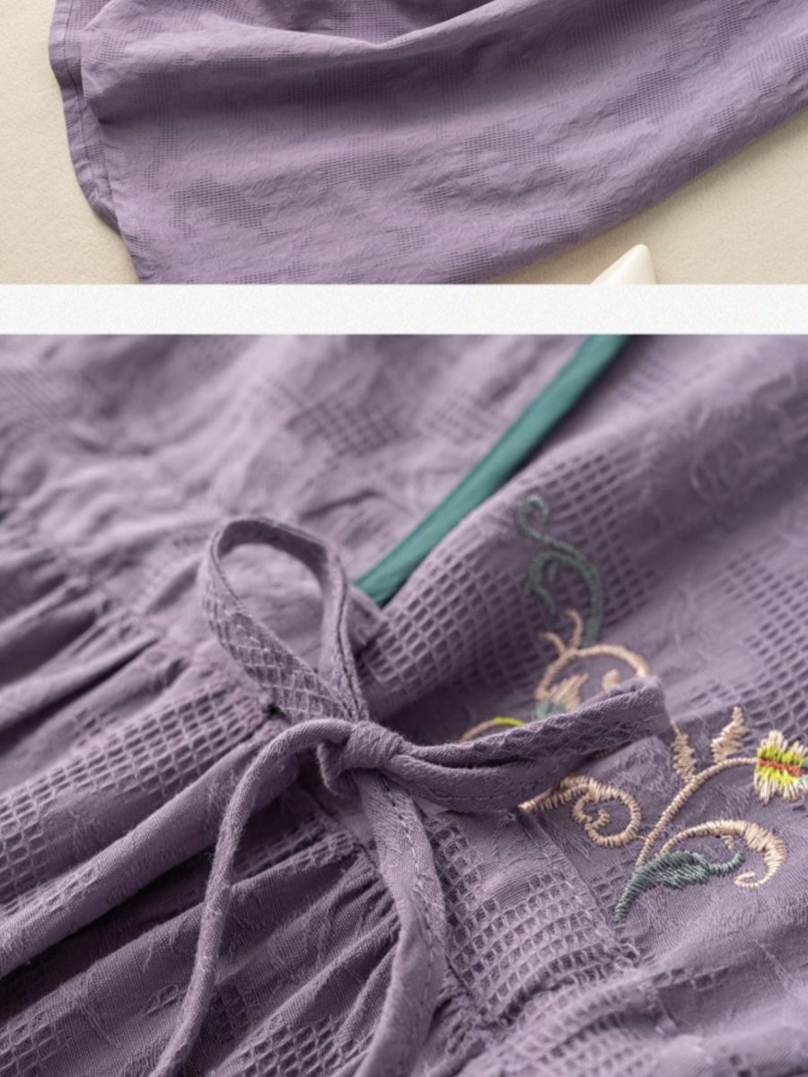Floral Embroidery Frog Button Crossover V-Neck Tie Waist Midi Dress - View 9