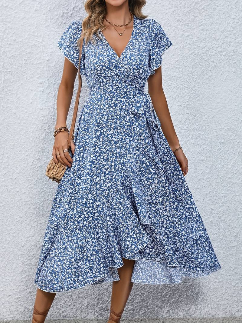 Ditsy Floral V-Neck Flutter Sleeve Wrap Ruffle Midi Dress 4