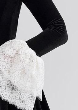 Velvet Lace Stitching Dress with Ruffled Detail in Black - View 4