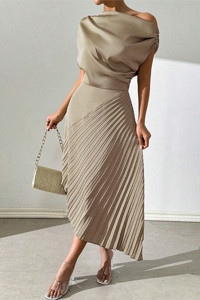 Satin One Shoulder Ruched Pleated Asymmetric Midi Dress - View 3