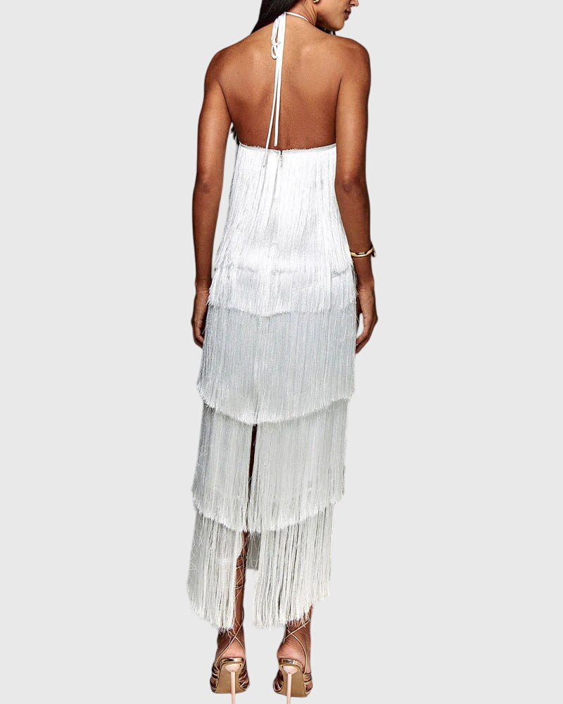 Halter Neck Tiered Fringe Maxi Dress 9
