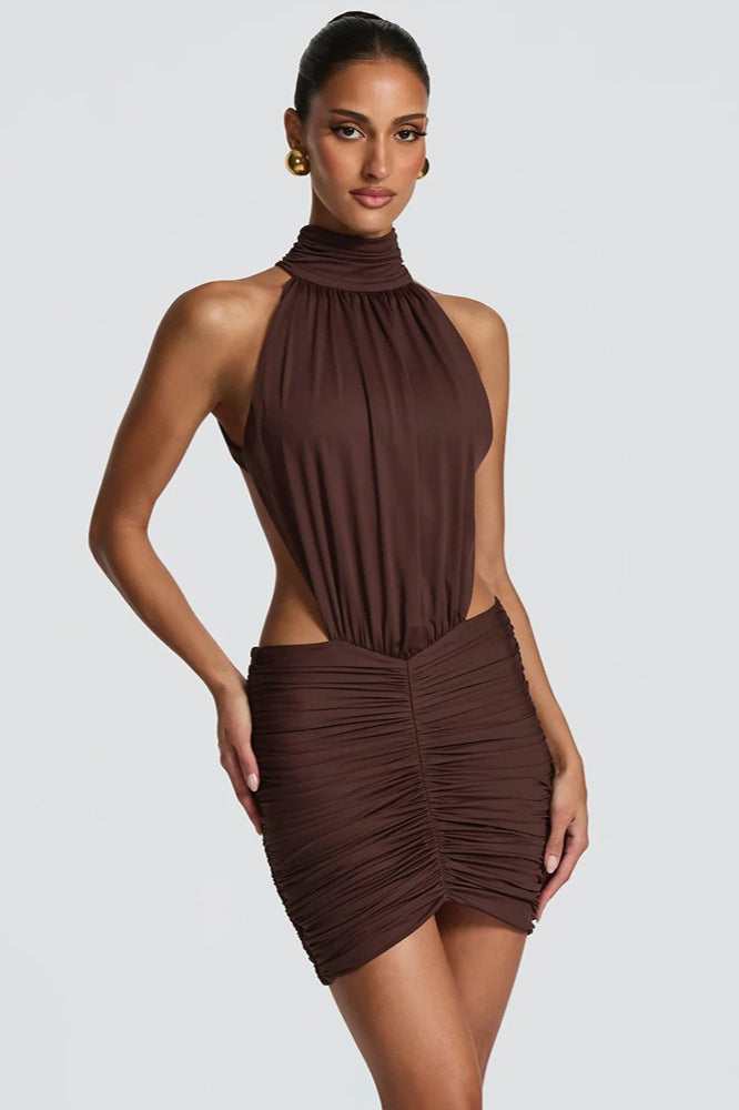 Halter-Neck Ruched Mini Dress