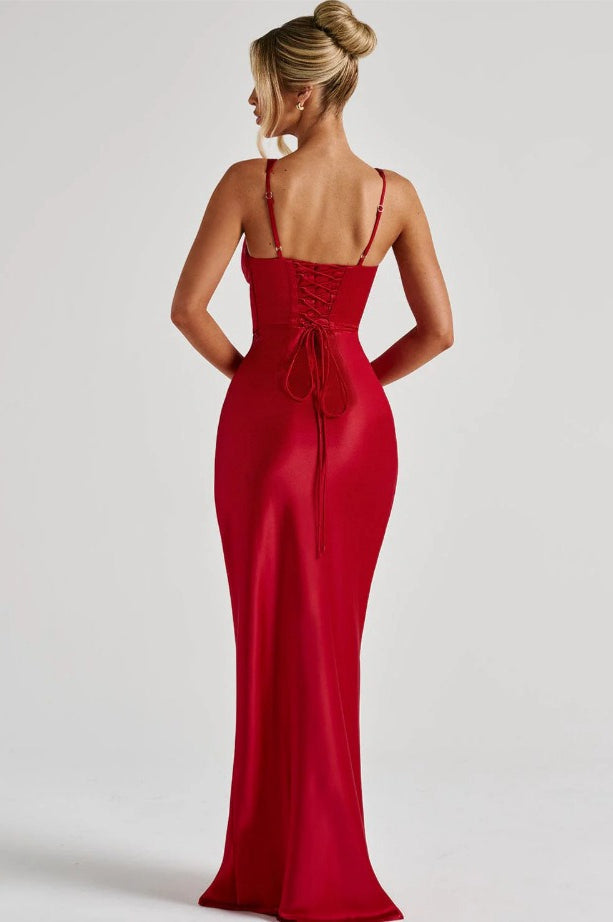 Satin Corset Deep V-Neck Pleated Bust Wide Strap Bodycon Maxi Gown - View 8