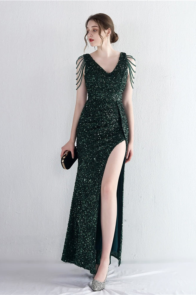 Sequin V-Neck Beaded Fringe High Split Mermaid Gown 28