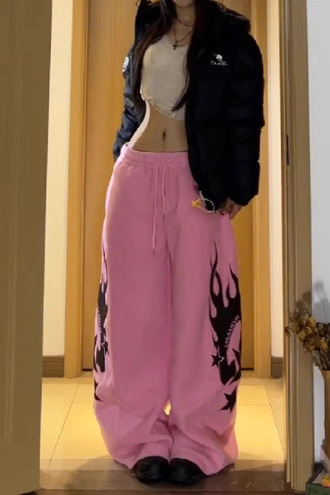Flame Print Sherpa Drawstring Curved Leg Pants
