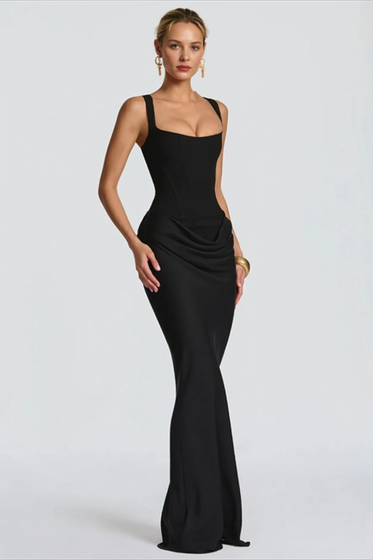 Square Neck Corset Ruched Draped Bodycon Maxi Dress - View 6
