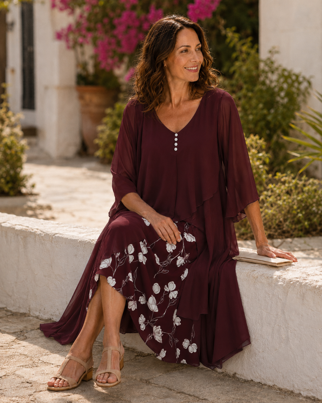 Floral Layered Ruffle V-Neck Half Sleeve Chiffon Midi Dress 4
