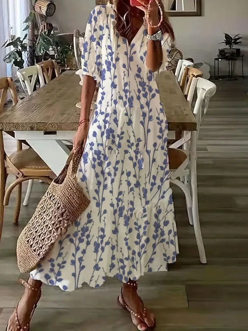 Floral Print Tassel Tie V-Neck Short Sleeve Flowy Maxi Summer Dress - View 2