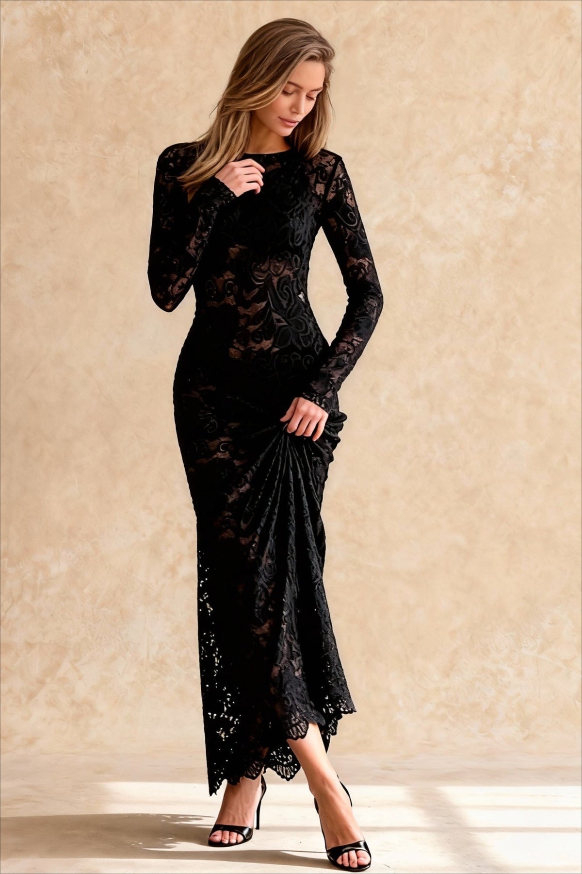 Jacquard Sheer Lace Long Sleeve Mermaid Maxi Dress - View 2