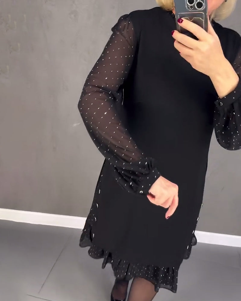 Round Neck Sheer Dot Sleeve Ruffle Hem Shift Midi Dress 4