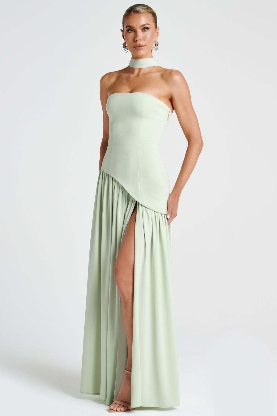 Strapless Scarf Neck High Split Draped Maxi Gown - View 8