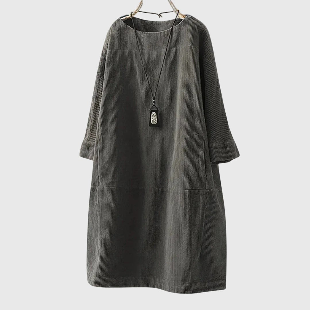 Corduroy Round Neck Long Sleeve Pocket Midi Dress 3