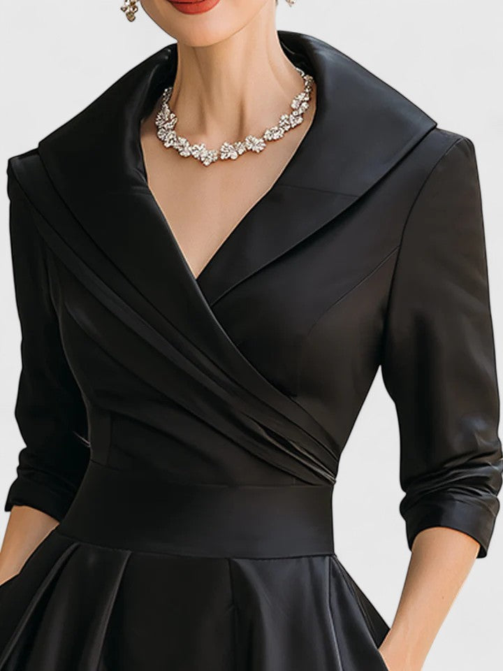Shawl Collar Wrap Three Quarter Sleeve Fit and Flare Tea Length Dress 3