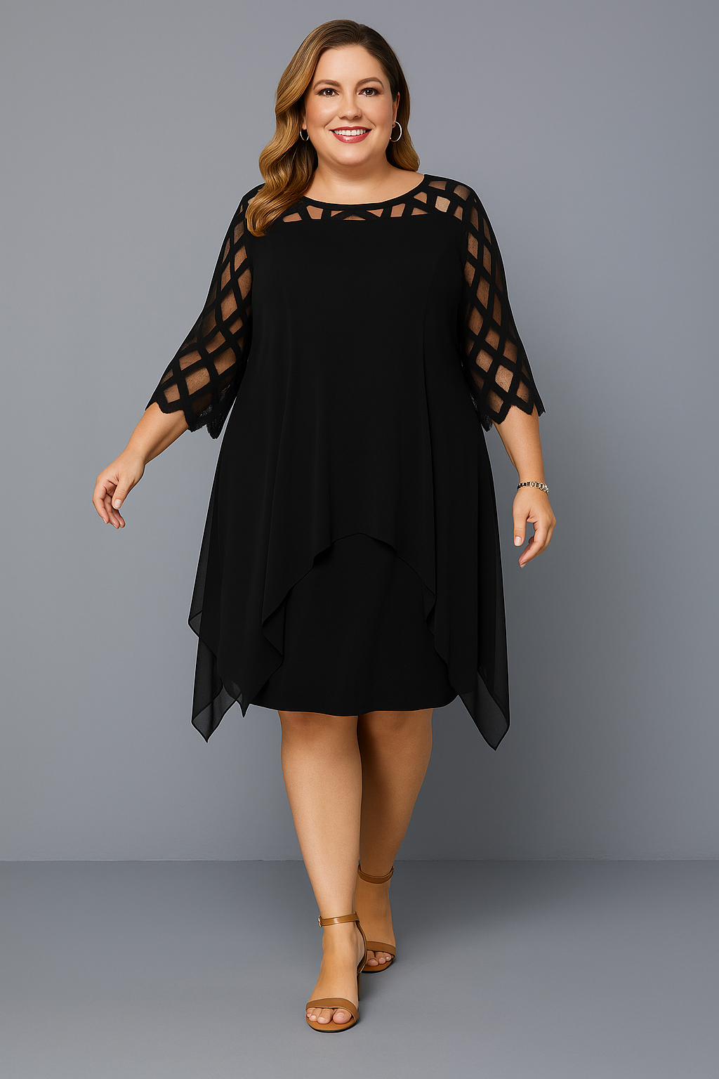Lattice Cutout Yoke Chiffon Overlay Handkerchief Hem Dress 6