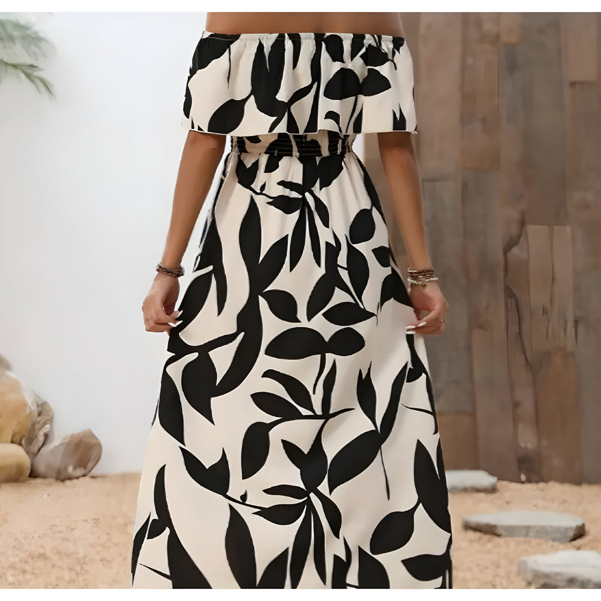 Leaf Print Off Shoulder Ruffle Smocked High Split Maxi Dress 4