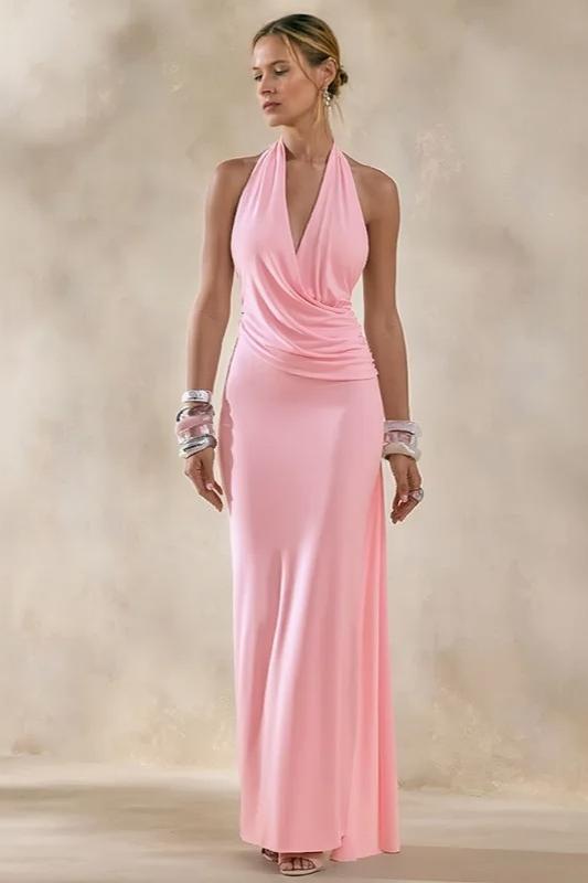 Halter Cowl Neck Ruched High Split Maxi Dress - View 3