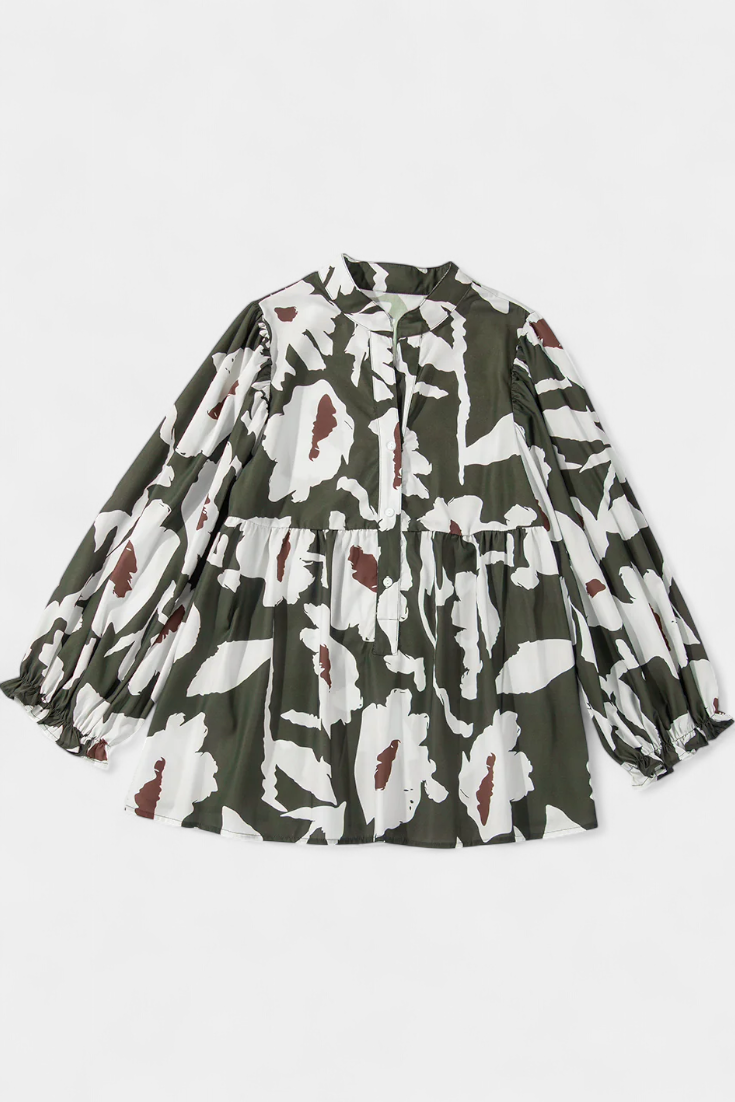 Abstract Floral Notch Neck Puff Sleeve Peplum Blouse 7