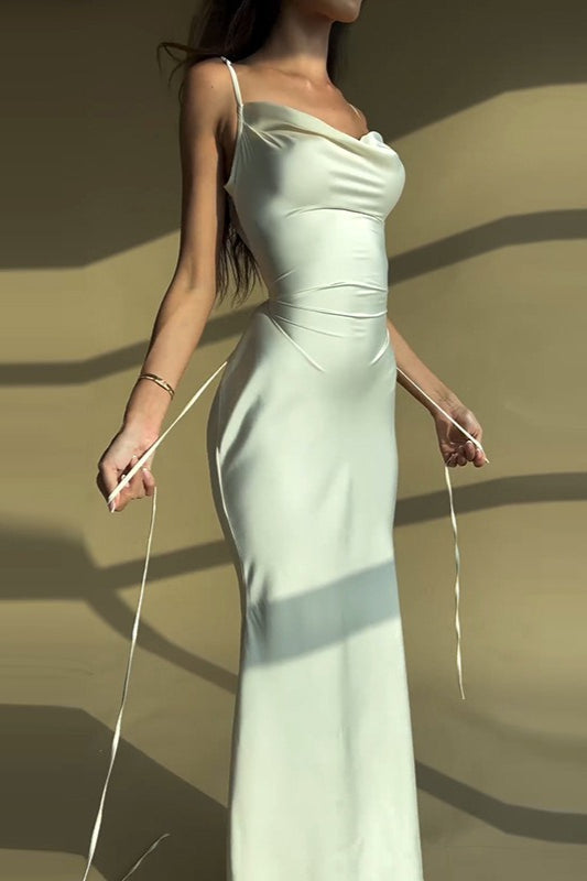 Satin Cowl Neck Spaghetti Strap Slim Maxi Prom Dress - View 4