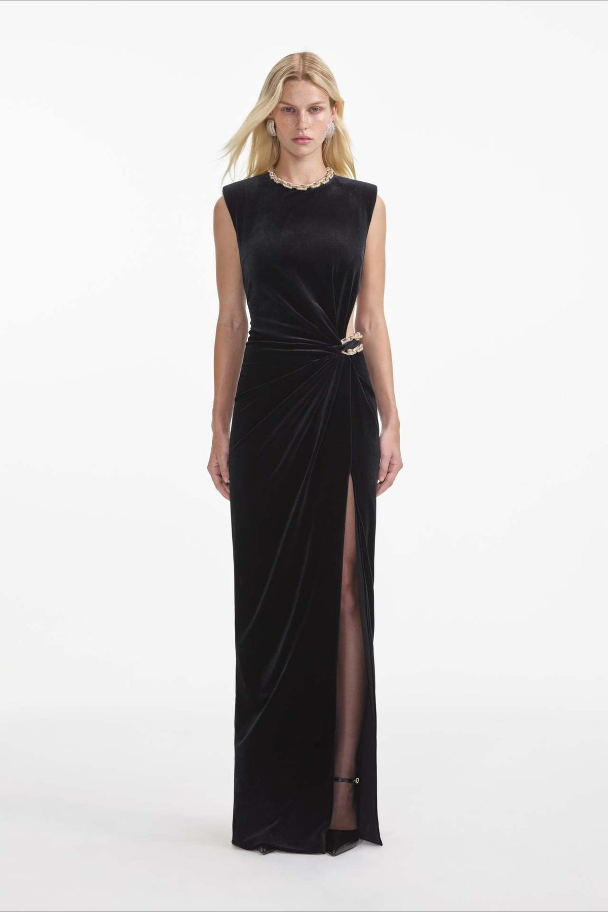 Velvet Crew Neck Cut Out High Split Bodycon Maxi Gown
