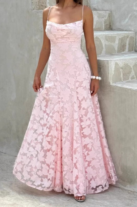 Floral Lace Spaghetti Strap Fit and Flare Maxi Dress