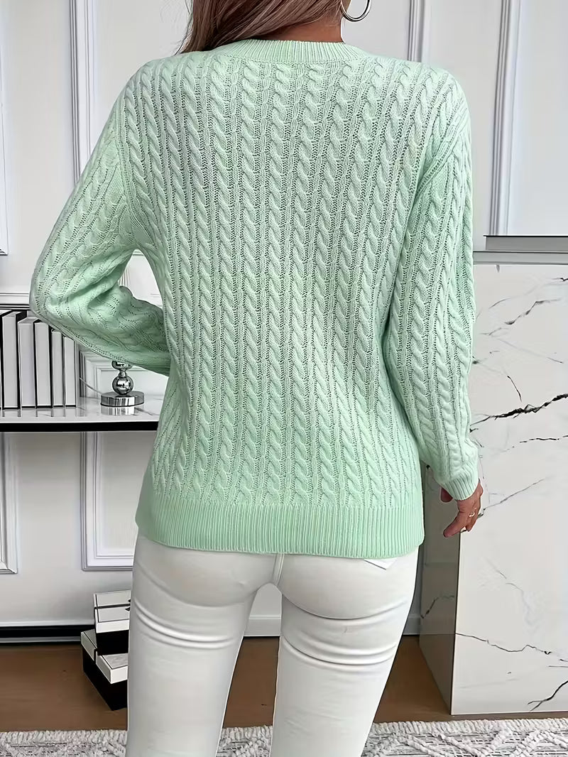 Crew Neck Long Sleeve Pointelle Cable Knit Sweater 4