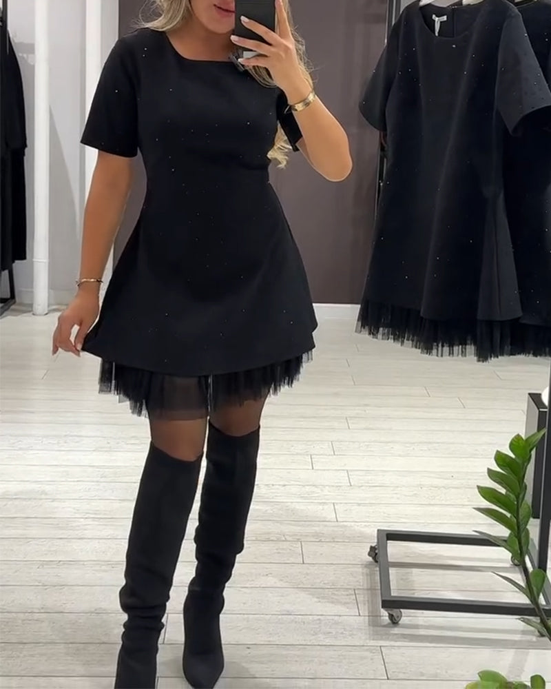 Rhinestone Tulle Hem Short Sleeve Fit and Flare Mini Dress 8