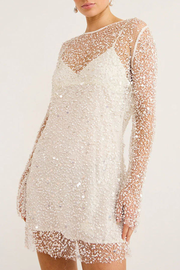 Sequin Pearl Long Sleeve Sheer Mini Dress - View 2