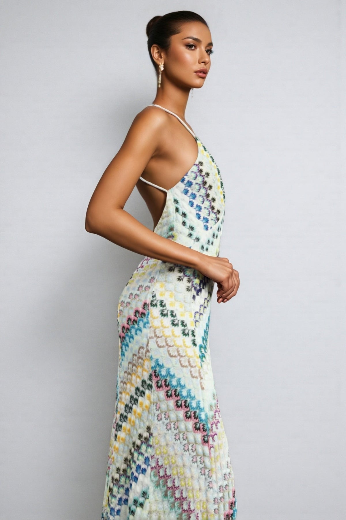 Geometric Chevron Print Halter Deep V-Neck Sleeveless Maxi Dress - View 2