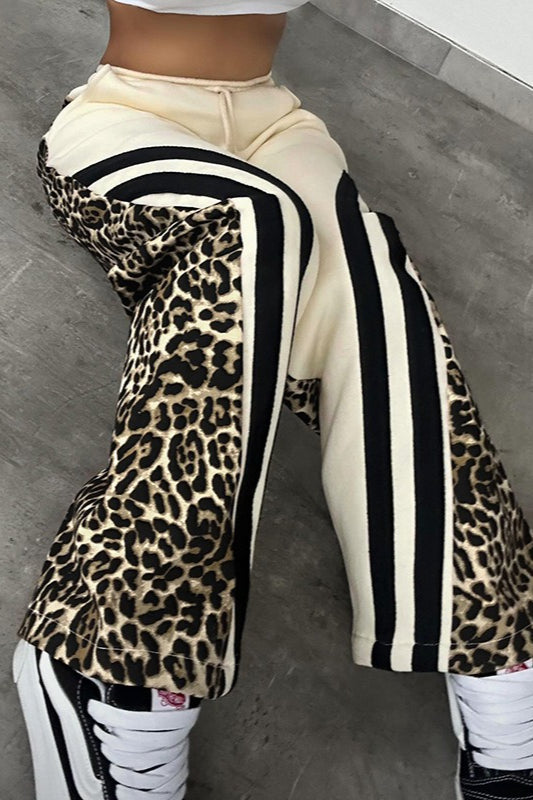 Leopard Print Stripe Color Block High Waist Loose Pants