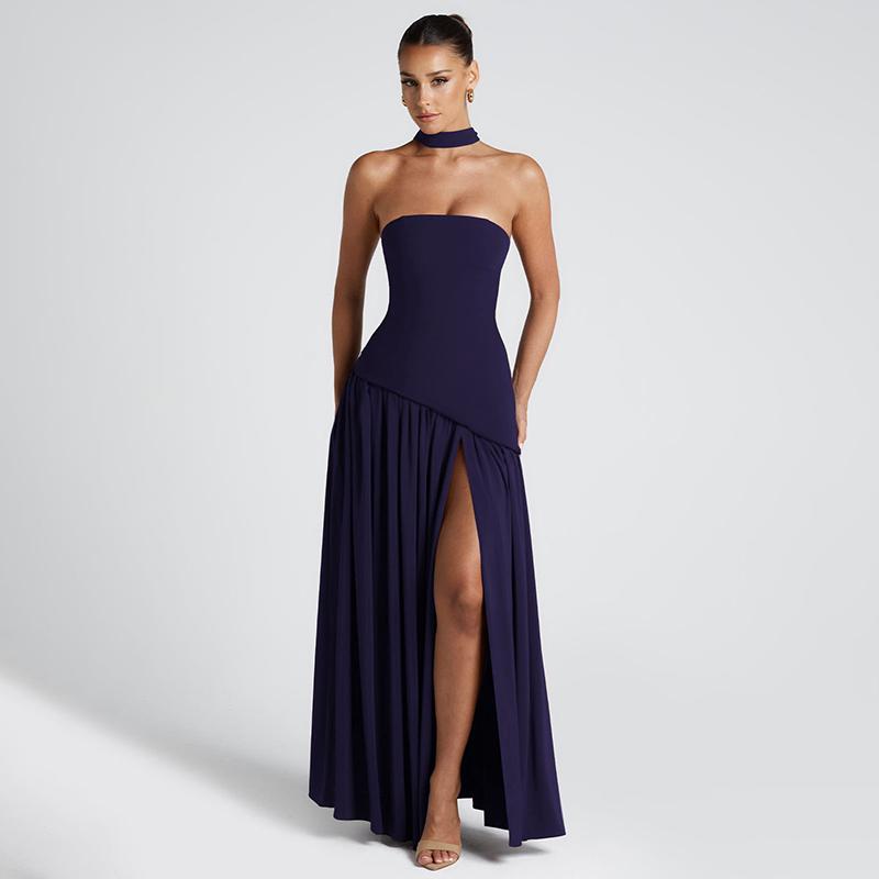 Strapless Corset Draped Sash High Split Maxi Gown 4