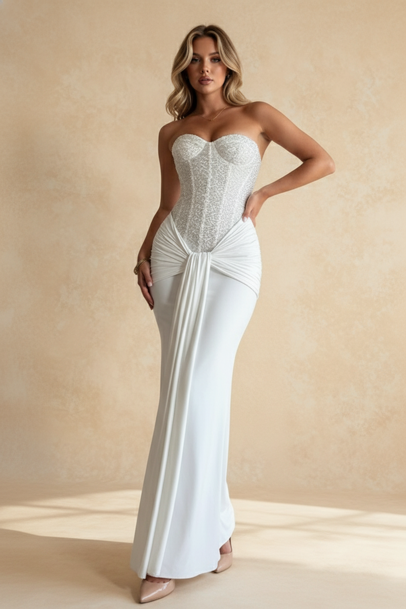 Sequin Strapless Sweetheart Corset Twist Front Mermaid Maxi Dress