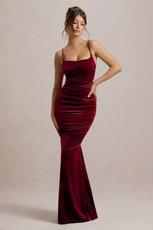 Velvet Ruched Low-Back Party Dress
